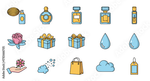 A collection of flat design icons representing perfume bottles, roses, gift boxes, water drops, a hand holding a flower, clouds, a shopping bag, and a tag, all rendered in a cartoonish, linear style