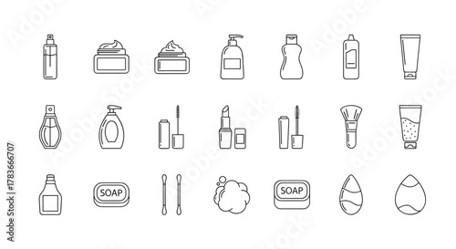A collection of clean, minimalist line art icons representing various cosmetic and personal care products, including perfume bottles, creams, shampoos, gels, soaps, makeup brushes, lipsticks, and