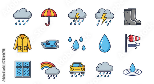Vibrant collection of rain-themed line icons, perfect for graphic and web design, apps, adverts, and various cards. This vector cartoon illustration set features elements like clouds, rain