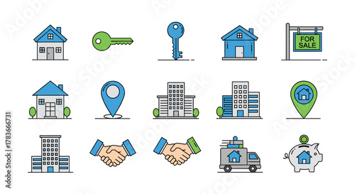 A vibrant and clean vector illustration set featuring essential real estate icons, including houses, keys, location pins, apartment buildings, a 'for sale' sign, handshakes, a moving truck, and a