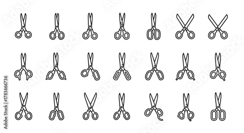 Collection of minimalistic linear pictograms representing various types of scissors, perfect for web and graphic design, apps, banners, social networks, and cards. This vector cartoon illustration