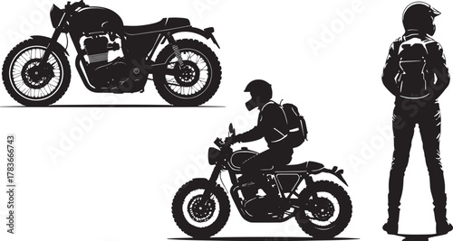 Motorcyclist riding and standing with backpack, classic cafe racer motorcycle silhouettes vector set