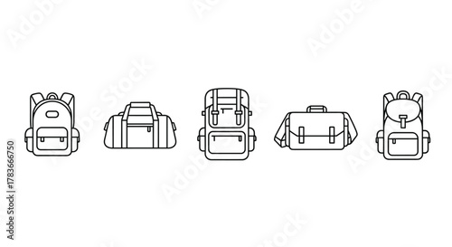 Collection of simple line art icons representing various bags: a backpack, a duffel bag, a larger backpack, a messenger bag, and another backpack, perfect for travel, school, hiking, and