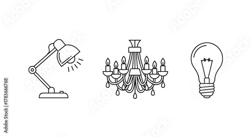Set of minimalistic linear icons representing different light sources: a desk lamp with adjustable arm and shade, an ornate chandelier with candle-shaped bulbs, and a classic incandescent light bulb