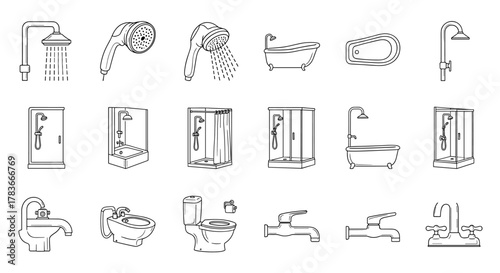 Collection of line icons representing bathroom fixtures including showers, bathtubs, faucets, and toilets, perfect for graphic and web design, apps, adverts, and various cards, presented as a vector
