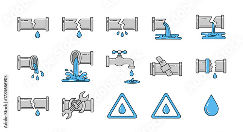 Collection of flat outline icons representing plumbing issues: broken pipes with water leaks, dripping faucets, water flowing out of pipes, and warning signs for water hazards, ideal for graphic and