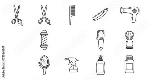A collection of essential haircut and barber shop line icons, featuring scissors, a comb, a straight razor, a hairdryer, a barber pole, a clipper, a shaving brush, a mirror, a spray bottle, and