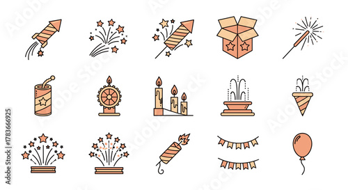 A vibrant collection of line icons representing fireworks and celebratory elements, perfect for web design, books, cards, and apps. This editable stroke vector cartoon illustration set includes