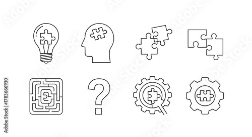 Set of simple line art icons representing problem-solving, ideas, and solutions, including a lightbulb with a puzzle piece, a silhouette of a head with a puzzle piece, interlocking puzzle pieces, a