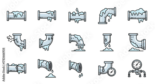 Collection of minimalistic thin line icons representing frozen and leaking pipes, showcasing various states of damage, drips, and pressure gauges, perfect for web, graphic design, apps, banners, and