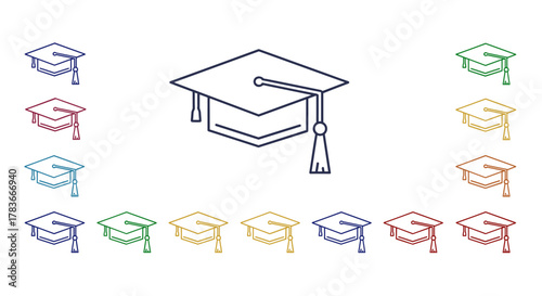 Collection of minimalistic linear pictograms representing square academic caps in various vibrant colors, including blue, red, teal, green, yellow, and orange, ideal for web and graphic design, apps