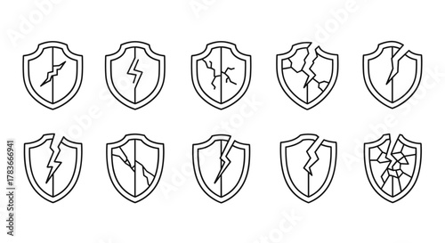 Collection of broken shield line icons, representing vulnerability, damage, and lack of protection. These outline signs are perfect for graphic and web design, apps, adverts, and various cards