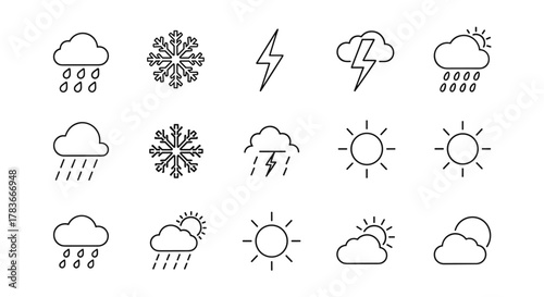 A collection of minimalistic, linear weather forecast outline icons for web and graphic design, featuring rain, snow, thunderstorms, sun, and clouds, presented in a clean, modern, and easily