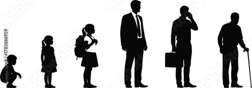 Human life stages, childhood to old age, silhouette evolution, aging concept, generational growth, timeline of life, people development, aging journey