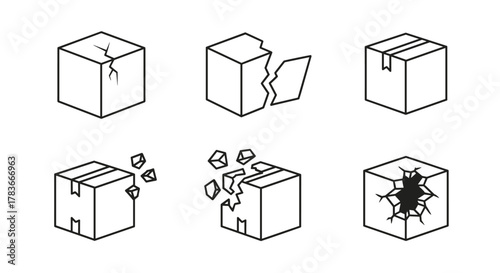 Set of six isometric line art icons representing damaged and broken cardboard boxes, symbolizing shipping issues, delivery problems, or fragile goods. Includes cracked, shattered, and bursting