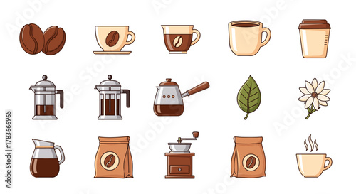 Collection of cartoon-style coffee-related icons and symbols, including coffee beans, cups, French press, cezve, coffee bags, grinder, carafe, a leaf, and a flower, presented on a clean white