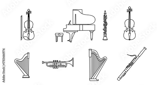 Collection of classical music instrument line icons, including a violin, grand piano with stool, cello, oboe, trumpet, harp, and bassoon, presented in a clean, minimalist, and ordered line art style