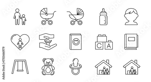 Child care outline icon set for International Children's Day, kid rights, and parenthood. This collection features thin line icons representing family, babies, and childhood, perfect for representing