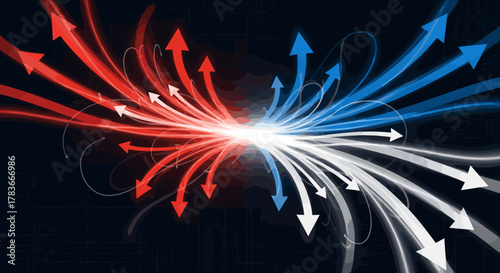 Dynamic abstract background featuring glowing air streams and directional arrow indicators in red, blue, and white, converging and diverging on a dark, circuit-like background, symbolizing movement