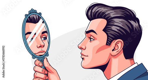 Vibrant vector illustration of a stylish man in a suit looking intently into an ornate hand mirror, meticulously checking his appearance and hairstyle, symbolizing self-admiration and vanity in a