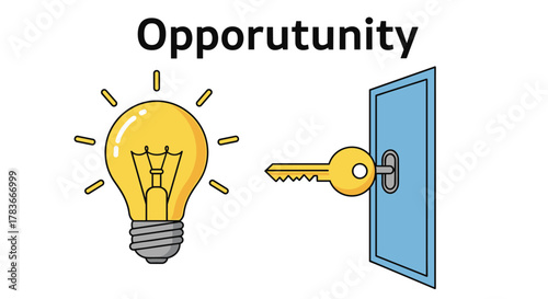 Conceptual illustration of opportunity represented by a glowing lightbulb and a key unlocking a door, symbolizing new ideas, solutions, and potential growth in business and life. This visual metaphor