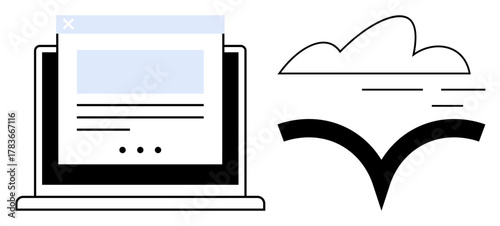 Laptop displaying web content beside a cloud and upload arrow emphasizes smooth online data transfer. Ideal for technology, cloud computing, web design, development, data sharing, innovation, simple