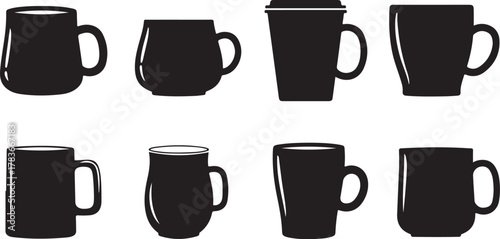 Collection of Black Silhouette Mugs and Cups Isolated on a White Background, Offering Versatility for Various Design Needs