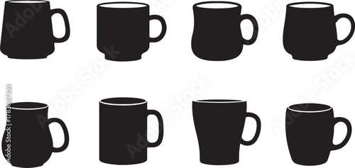A diverse collection of elegant monochromatic ceramic mugs, illustrating a variety of distinct forms and silhouettes, perfectly embodying essential daily objects for various hot beverage moments