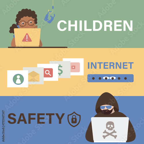 Three horizontal banners on topics of internet security, cyber attacks, and parental control. Kid girl uses laptop. Account hacking, scam
