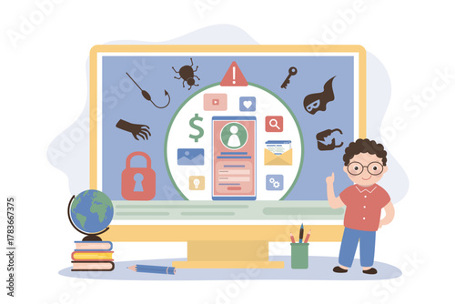 Kids internet control. Safe internet surfing for kids concept. Parental control. Protection from virus attacks, bugs, scam. Stop cyber crime.