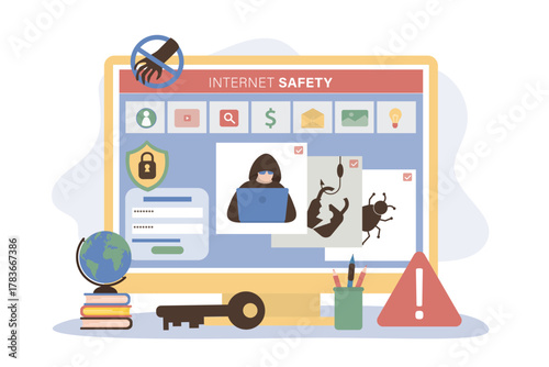 Child's computer was hacked via the Internet. Account hacking, scam, online theft of passwords and information. Antivirus and parental control help prevent cyber crime.