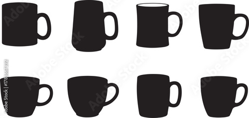 Simple black silhouettes of various coffee mugs and tea cups. A graphic collection of drinkware icons for morning beverage concepts and kitchen design elements