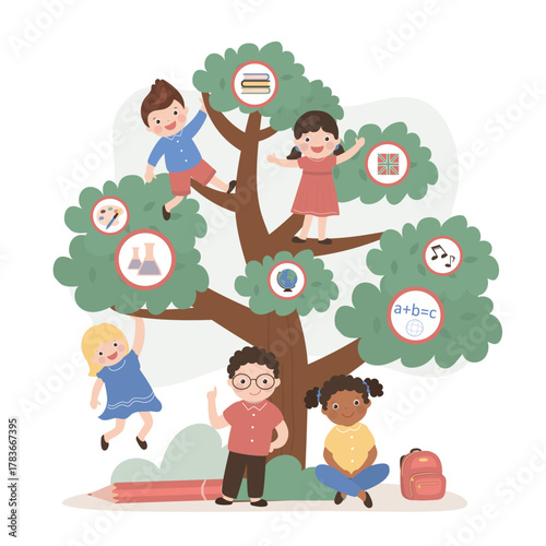 Education infographic - education tree, cute children and elements. Tree of knowledge, learning process, kids students. School subjects and various multi ethnic students