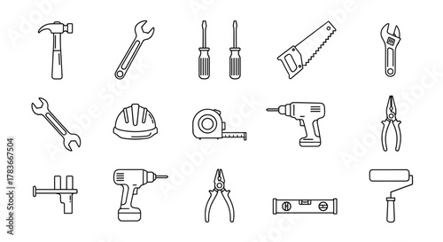Set of construction and repair tools, including a hammer, wrenches, screwdrivers, a saw, a hard hat, a tape measure, drills, pliers, a clamp, a level, and a paint roller, presented as clean, modern