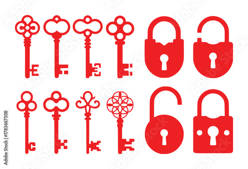 Collection of Red Keys and Padlocks, Open and Closed