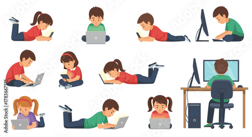 Diverse group of children engrossed in digital devices, including smartphones, laptops, tablets, and desktop computers, illustrating themes of technology addiction and modern childhood engagement