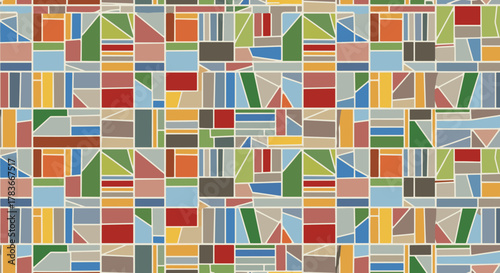 Vibrant and colorful mosaic tiles form a seamless repeating vector pattern, ideal for decorative backgrounds, wallpaper, wood prints, metal prints, plastic prints, and glass applications, offering a