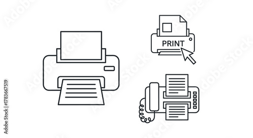 Set of three line art icons representing printing and faxing technology on a clean white background, featuring a classic printer, a print symbol with a cursor, and a fax machine icon, ideal for