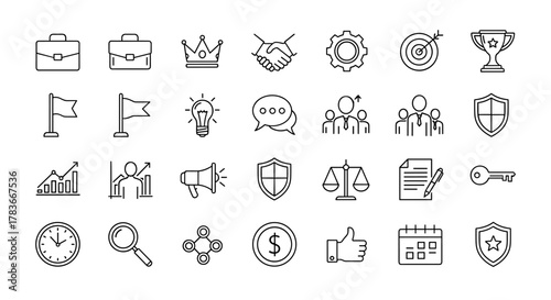 A comprehensive collection of outline icons representing key business and management concepts, including leadership, administration, supervision, governance, and success. This linear icon set