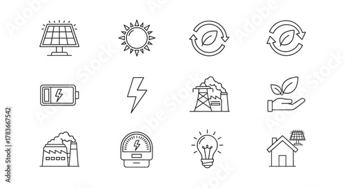 Collection of editable line icons representing solar energy and renewable power sources, featuring a solar panel, sun, recycling symbols with leaves, lightning bolt, battery, power plant, hand