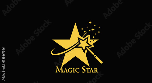 Golden magic star logo with sparkles and a wand, representing enchantment, fantasy, and achievement. This vector illustration features a prominent star with a swirling line and a magical wand
