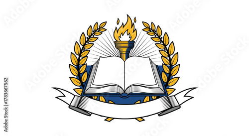Classic Academic Emblem Vector: An Open Book Symbolizing Knowledge, Topped by a Flaming Torch of Enlightenment, Encased in a Laurel Wreath and Banner, Rendered in Rich Blue and Gold Tones, Perfect