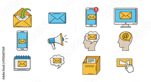 Collection of email and communication icons, including envelopes, smartphones, computers, calendars, megaphones, and thought bubbles with email symbols, representing digital messaging, marketing, and