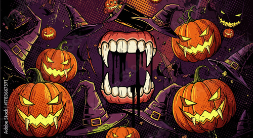 Vibrant and spooky Halloween illustration background in a grunge halftone style, featuring grinning jack-o'-lanterns, sharp vampire fangs dripping with dark liquid, and classic witch hats scattered
