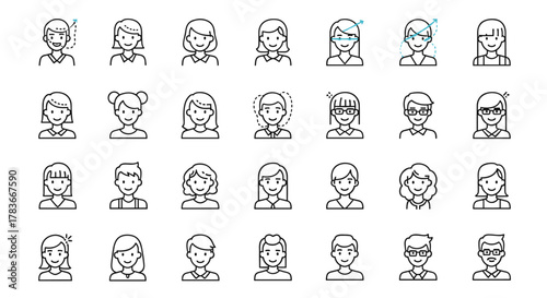 Diverse collection of outline avatar icons representing various people, suitable for user profiles, social media, and digital interfaces, presented on a clean white background for easy integration