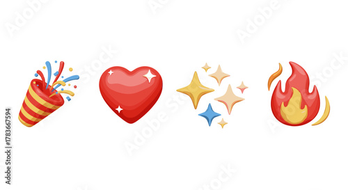 A vibrant collection of 3D emoji icons, including a festive party popper exploding with confetti, a glowing red heart symbolizing love, shimmering stars representing sparkle and magic, and a fiery