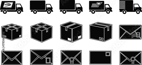 Mail delivery truck icons, package shipping symbols, postal service graphics, courier transport illustrations, envelope and box icons, logistics communication design