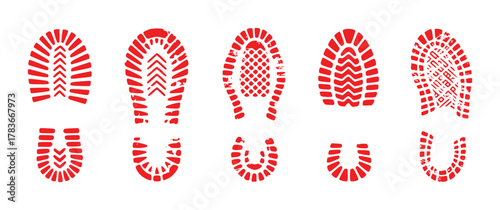 Collection of Red Shoe Prints with Varied Tread Patterns