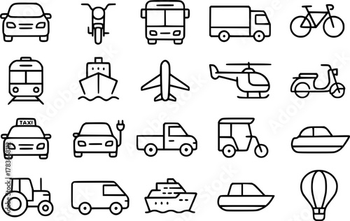 Black and white minimalist vector icon set of 20 transport symbols including car, motorcycle, bus, ship, train, and airplane. Clean editable design