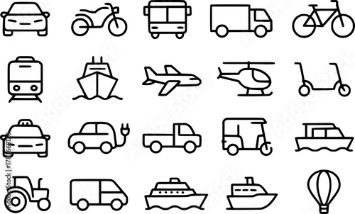 Black and white minimalist vector icon set of 20 transport symbols including car, motorcycle, bus, ship, train, and airplane. Clean editable design